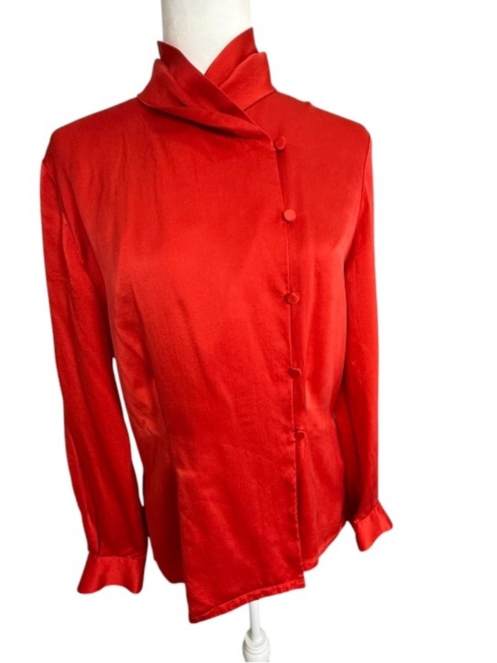 Dana Buchman Vintage 100% Silk Red Wrap Blouse Size 6 Mandarin Collar Chic Top